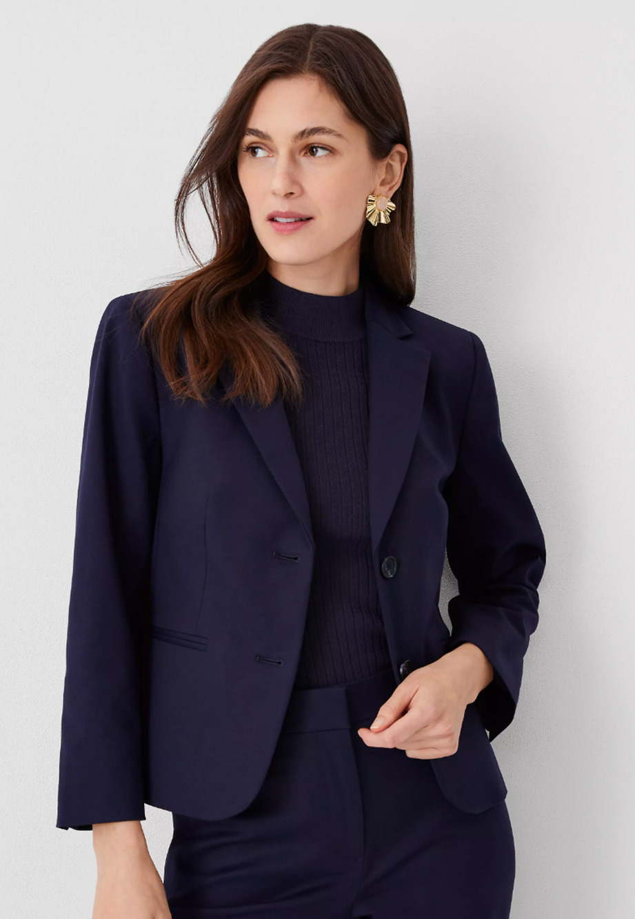 ANN TAYLOR NIGHT SKY PETITE CROPPED TWO BUTTON STRETCH COTTON BLAZER JACKET 00P